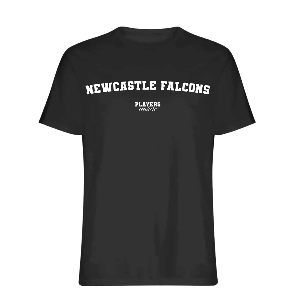 Newcastle Falcons t-shirt – black men's t-shirt with white Newcastle Falcons letters and Players Couture logo on the chest