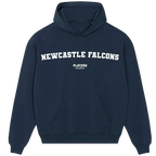 Newcastle Falcons hoodie – navy men's hoodie with white Newcastle Falcons letters and Players Couture logo on the chest
