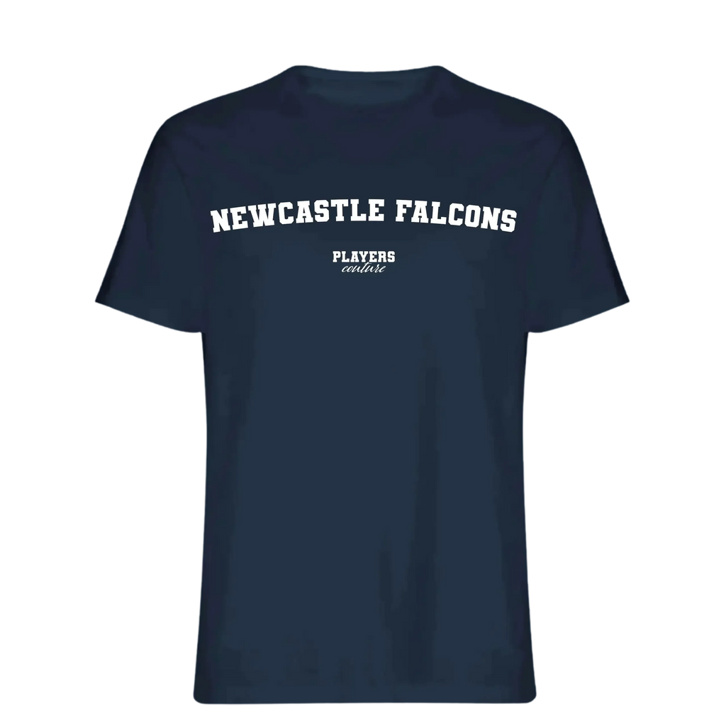 Newcastle Falcons t-shirt – navy men's t-shirt with white Newcastle Falcons letters and Players Couture logo on the chest