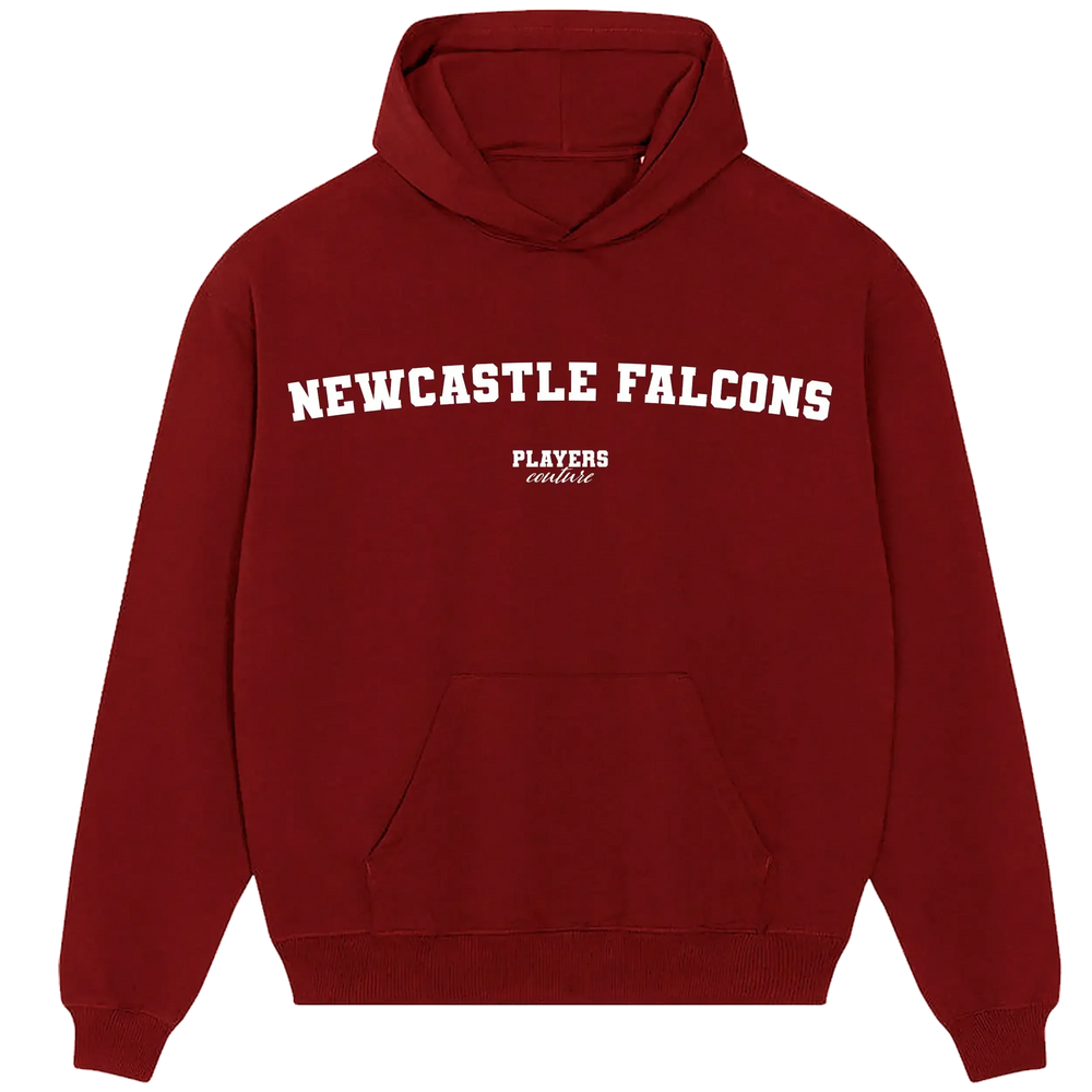 Newcastle Falcons hoodie – red men's hoodie with white Newcastle Falcons letters and Players Couture logo on the chest