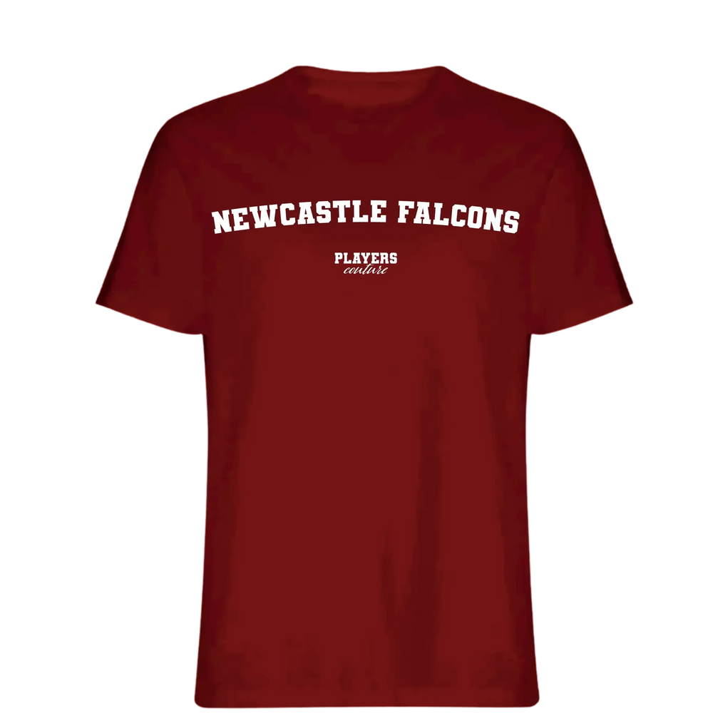 Newcastle Falcons t-shirt – red men's t-shirt with white Newcastle Falcons letters and Players Couture logo on the chest