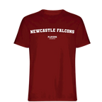 Newcastle Falcons t-shirt – red men's t-shirt with white Newcastle Falcons letters and Players Couture logo on the chest
