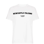 Newcastle Falcons t-shirt – white men's t-shirt with black Newcastle Falcons letters and Players Couture logo on the chest