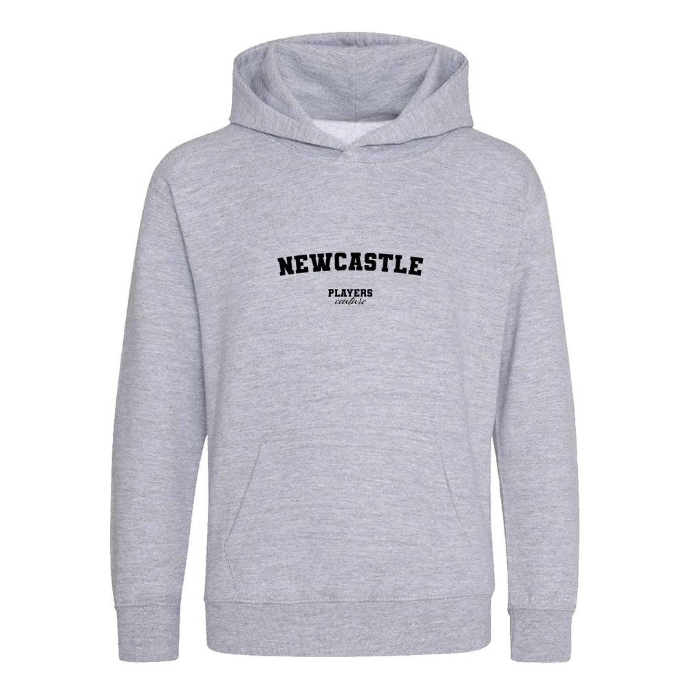 Newcastle hoodie – grey kids' hoodie with black Newcastle letters and Players Couture logo on the chest