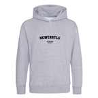 Newcastle hoodie – grey kids' hoodie with black Newcastle letters and Players Couture logo on the chest