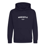 Newcastle hoodie – navy kids' hoodie with white Newcastle letters and Players Couture logo on the chest
