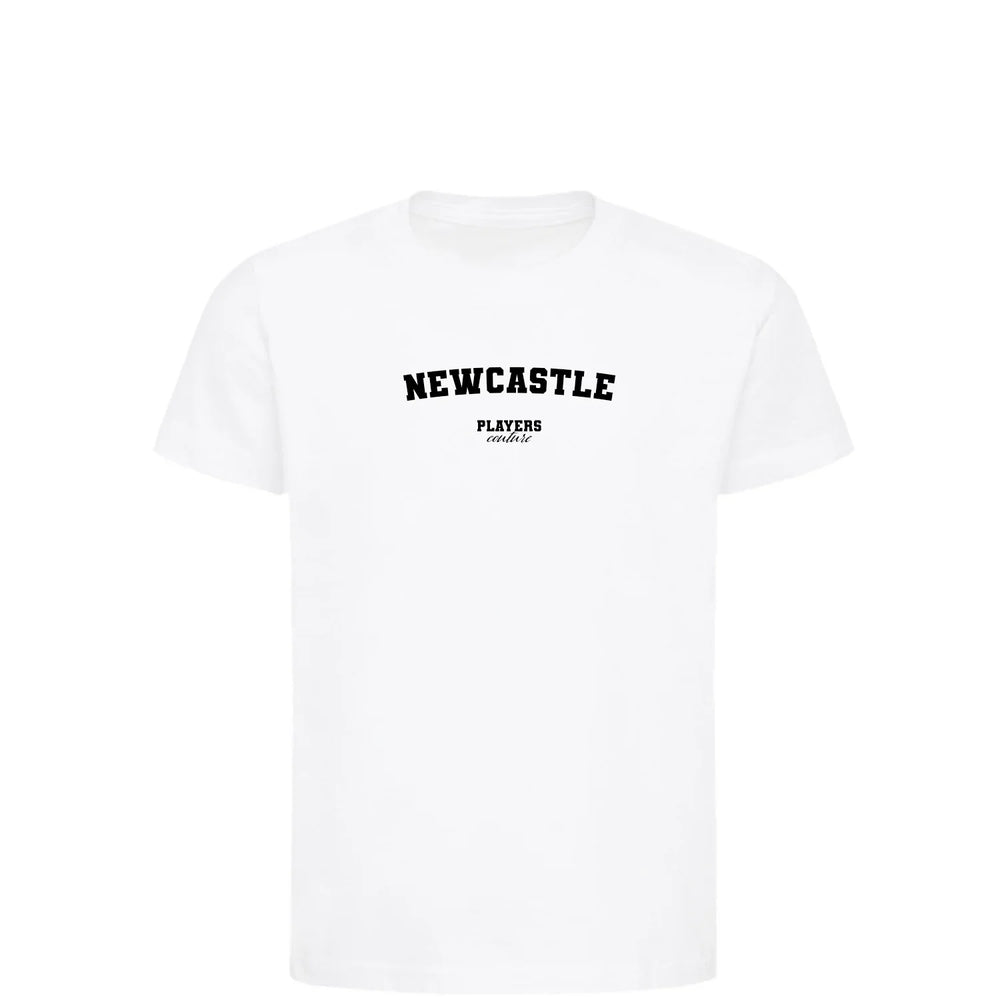Newcastle t-shirt – white kids' t-shirt with black Newcastle letters and Players Couture logo on the chest