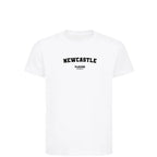 Newcastle t-shirt – white kids' t-shirt with black Newcastle letters and Players Couture logo on the chest