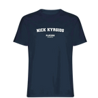 Nick Kyrgios t-shirt – navy men's t-shirt with white Nick Kyrgios letters and Players Couture logo on the chest
