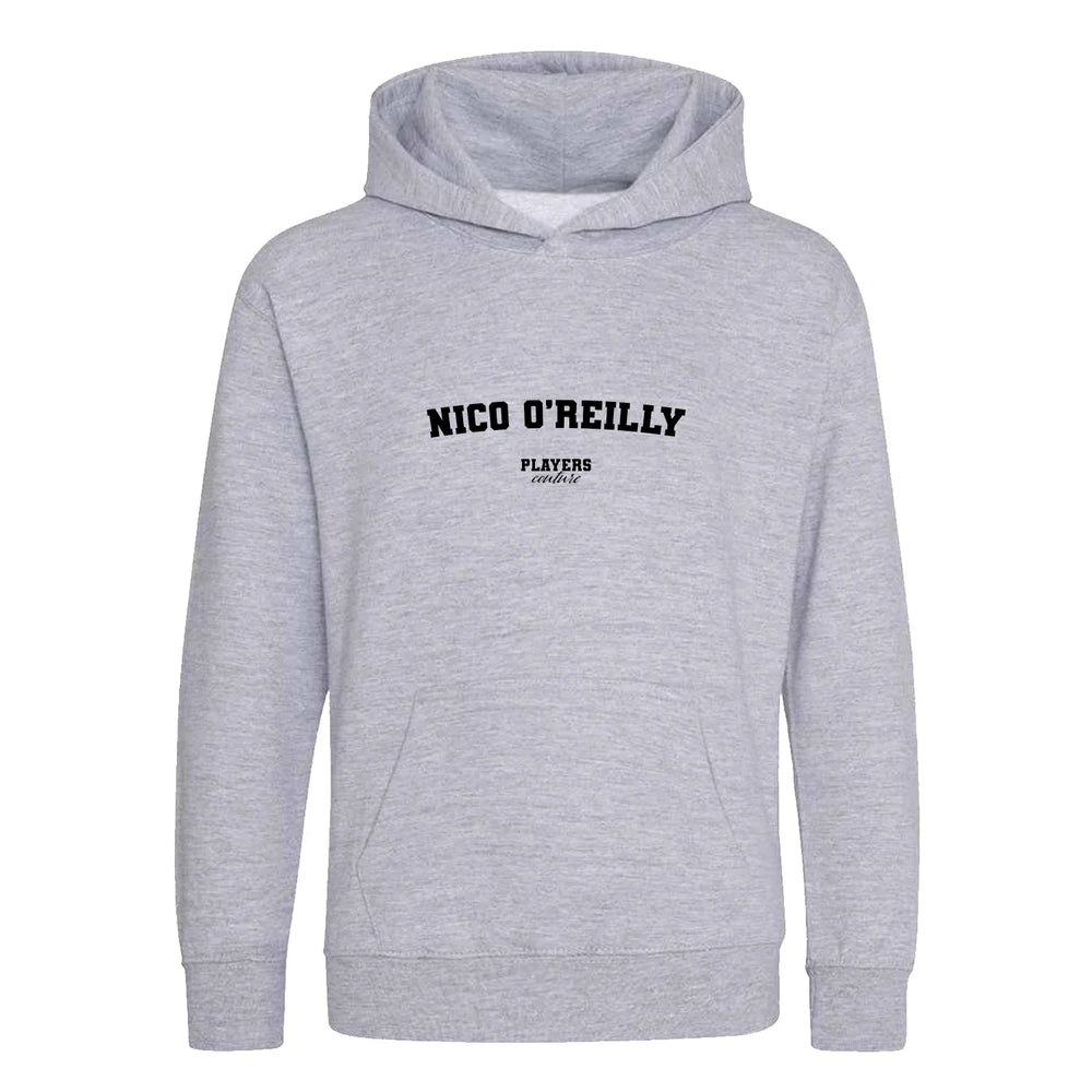 Nico O’Reilly hoodie – grey kids' hoodie with black Nico O’Reilly letters and Players Couture logo on the chest