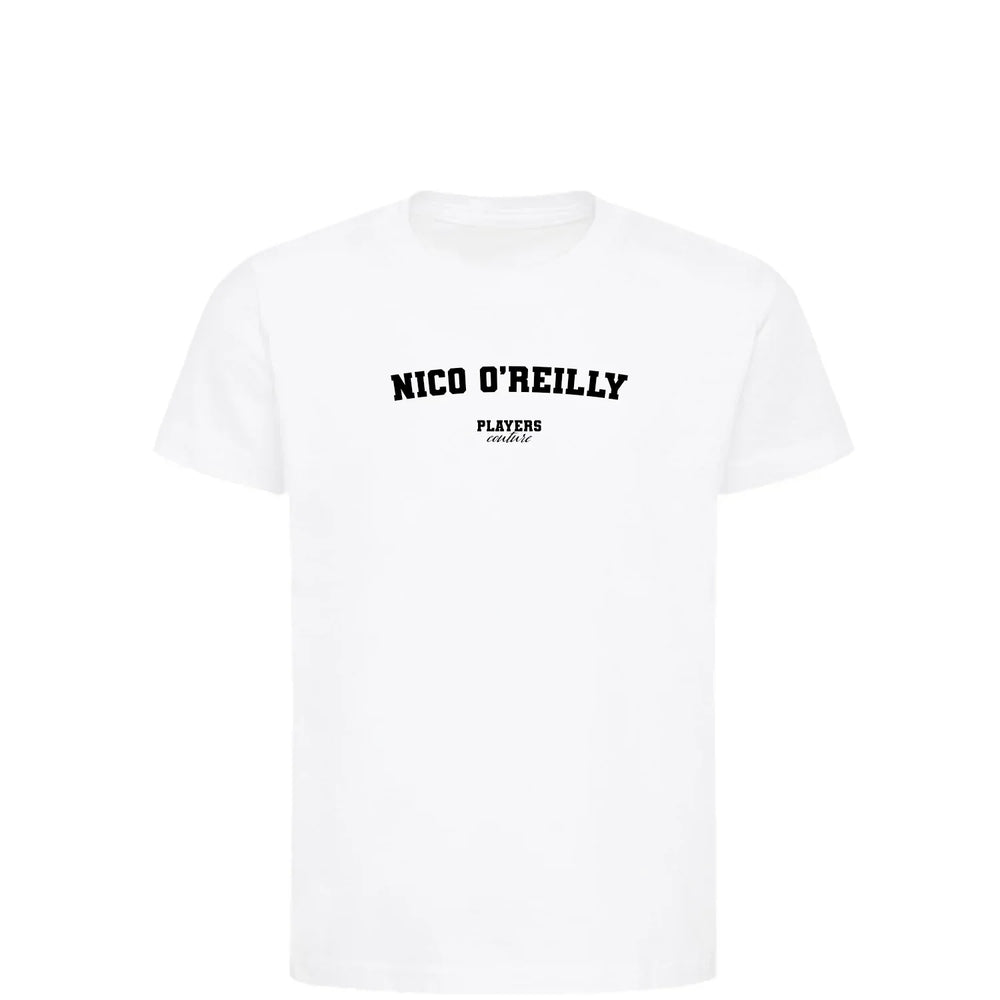 Nico O’Reilly t-shirt – white kids' t-shirt with black Nico O’Reilly letters and Players Couture logo on the chest