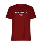 Nico O'Reilly t-shirt – red men's t-shirt with white Nico O'Reilly letters and Players Couture logo on the chest