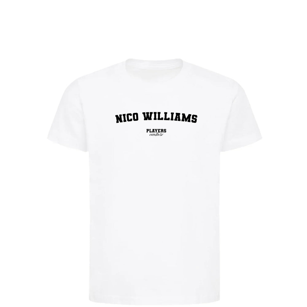 Nico Williams t-shirt – white kids' t-shirt with black Nico Williams letters and Players Couture logo on the chest