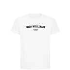 Nico Williams t-shirt – white kids' t-shirt with black Nico Williams letters and Players Couture logo on the chest