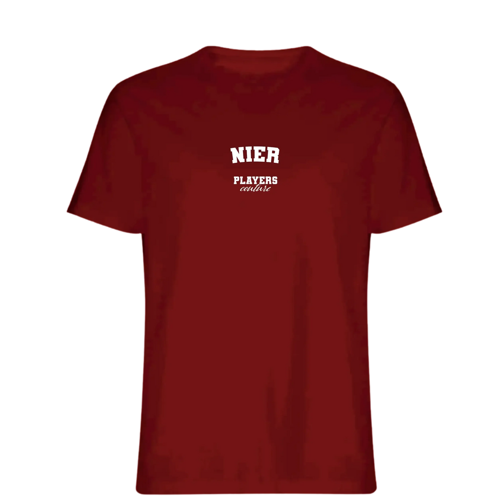 Nier t-shirt – red men's t-shirt with white Nier letters and Players Couture logo on the chest