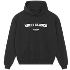 Nikki Glaser hoodie – black men's hoodie with white Nikki Glaser letters and Players Couture logo on the chest
