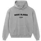 Nikki Glaser hoodie – grey men's hoodie with black Nikki Glaser letters and Players Couture logo on the chest