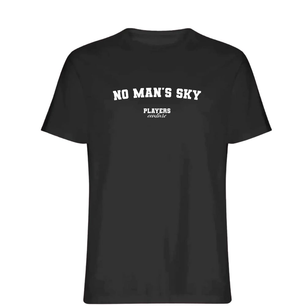 No Man's Sky t-shirt – black men's t-shirt with white No Man's Sky letters and Players Couture logo on the chest