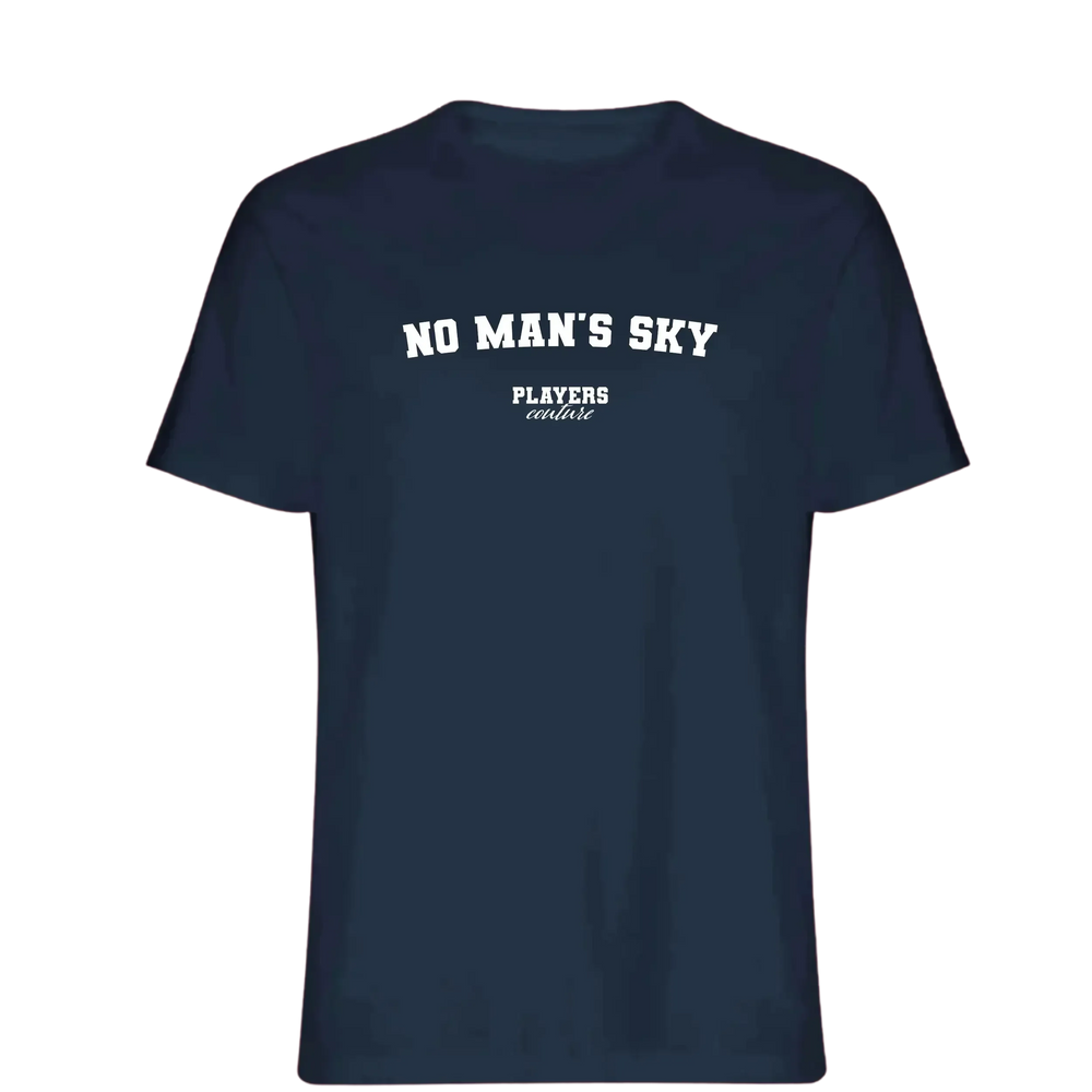 No Man's Sky t-shirt – navy men's t-shirt with white No Man's Sky letters and Players Couture logo on the chest