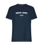 Norah Jones t-shirt – navy men's t-shirt with white Norah Jones letters and Players Couture logo on the chest