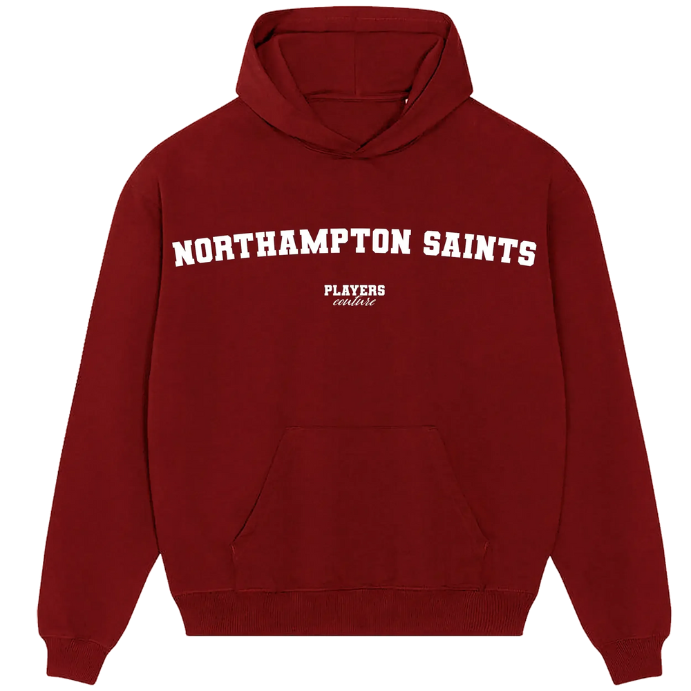 Northampton Saints hoodie – red men's hoodie with white Northampton Saints letters and Players Couture logo on the chest