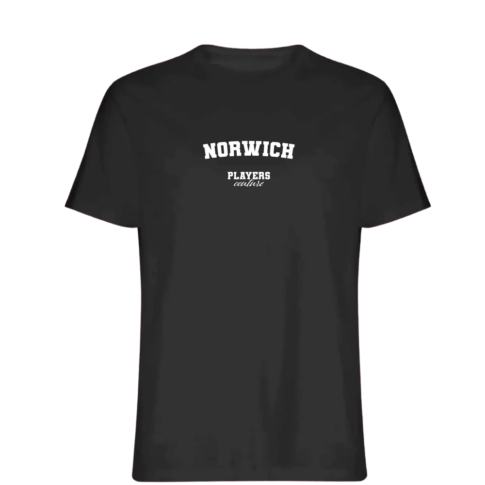 Norwich t-shirt – black men's t-shirt with white Norwich letters and Players Couture logo on the chest