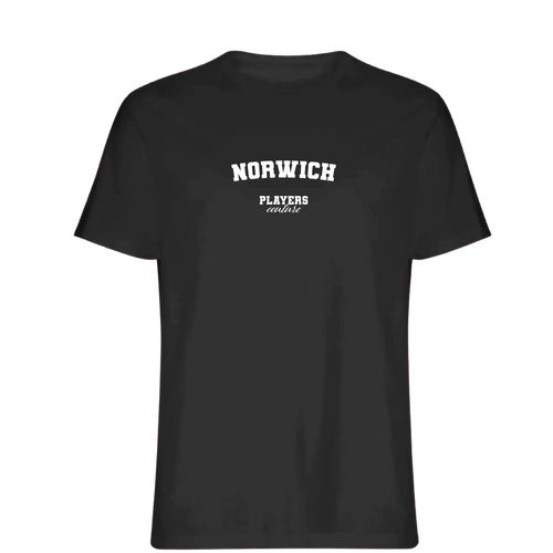 Norwich t-shirt – black men's t-shirt with white Norwich letters and Players Couture logo on the chest
