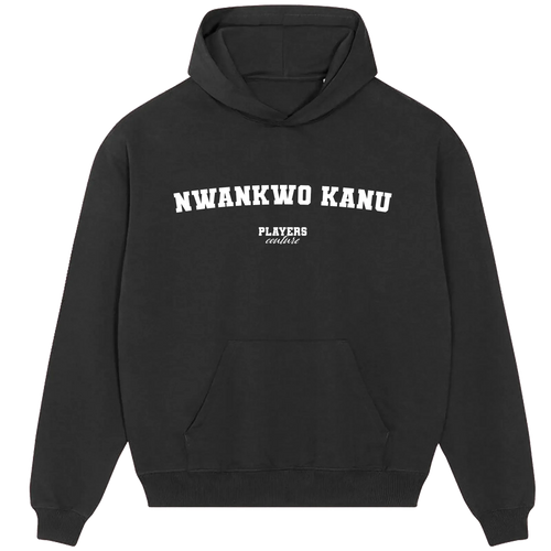 Nwankwo Kanu hoodie – black men's hoodie with white Nwankwo Kanu letters and Players Couture logo on the chest