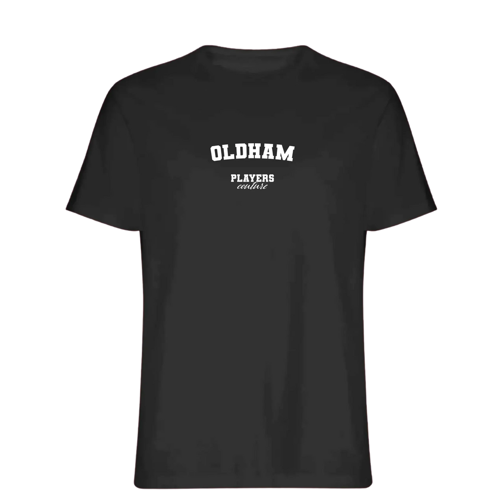 Oldham t-shirt – black men's t-shirt with white Oldham letters and Players Couture logo on the chest