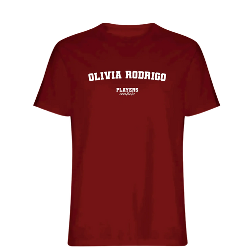 Olivia Rodrigo t-shirt – red men's t-shirt with white Olivia Rodrigo letters and Players Couture logo on the chest
