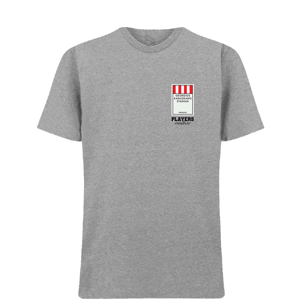 Olympiacos Monopoly Card t-shirt – close-up of white Olympiacos Monopoly Card lettering and Players Couture logo on the chest