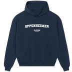 Oppenheimer hoodie – navy men's hoodie with white Oppenheimer letters and Players Couture logo on the chest