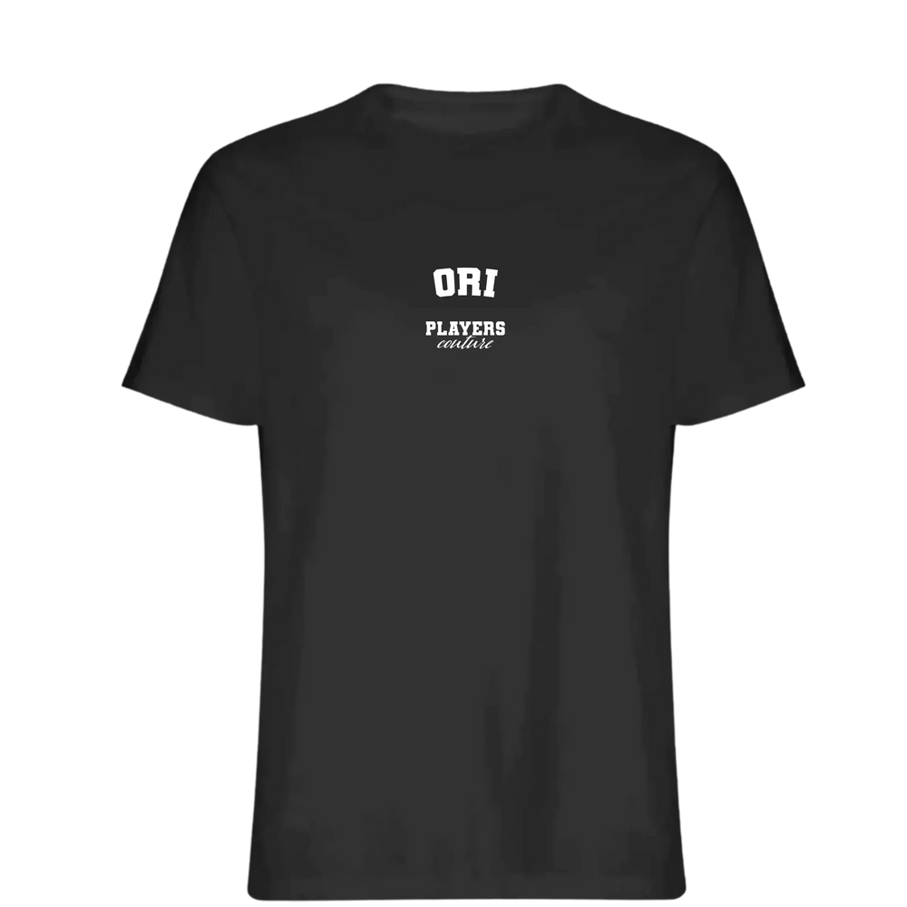 Ori t-shirt – black men's t-shirt with white Ori letters and Players Couture logo on the chest