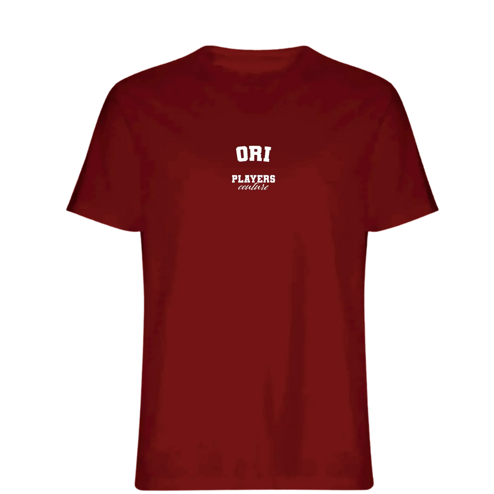 Ori t-shirt – red men's t-shirt with white Ori letters and Players Couture logo on the chest