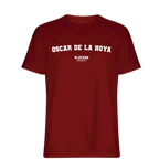 Oscar De La Hoya t-shirt – red men's t-shirt with white Oscar De La Hoya letters and Players Couture logo on the chest