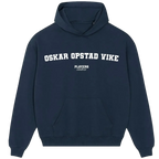 Oskar Opstad Vike hoodie – navy men's hoodie with white Oskar Opstad Vike letters and Players Couture logo on the chest