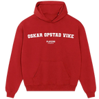 Oskar Opstad Vike hoodie – red men's hoodie with white Oskar Opstad Vike letters and Players Couture logo on the chest