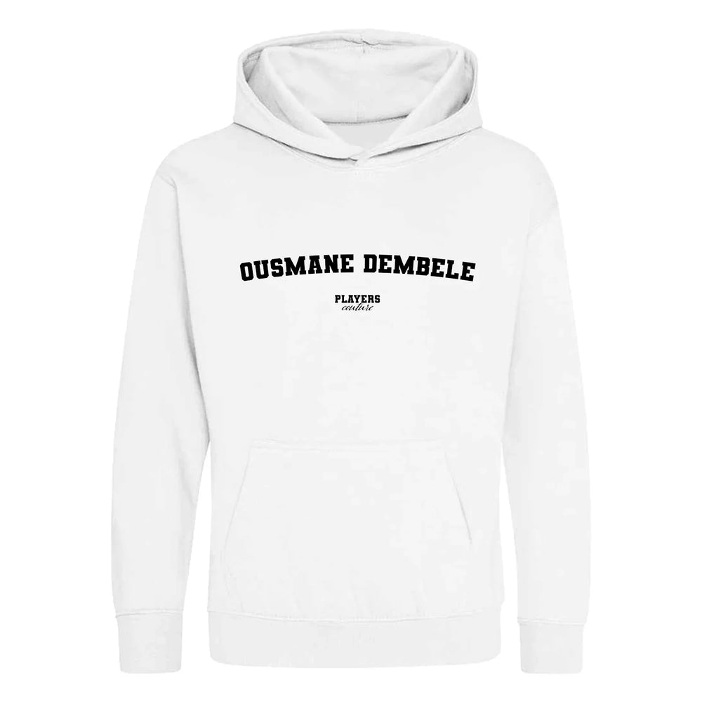 Ousmane Dembele hoodie – white kids' hoodie with black Ousmane Dembele letters and Players Couture logo on the chest
