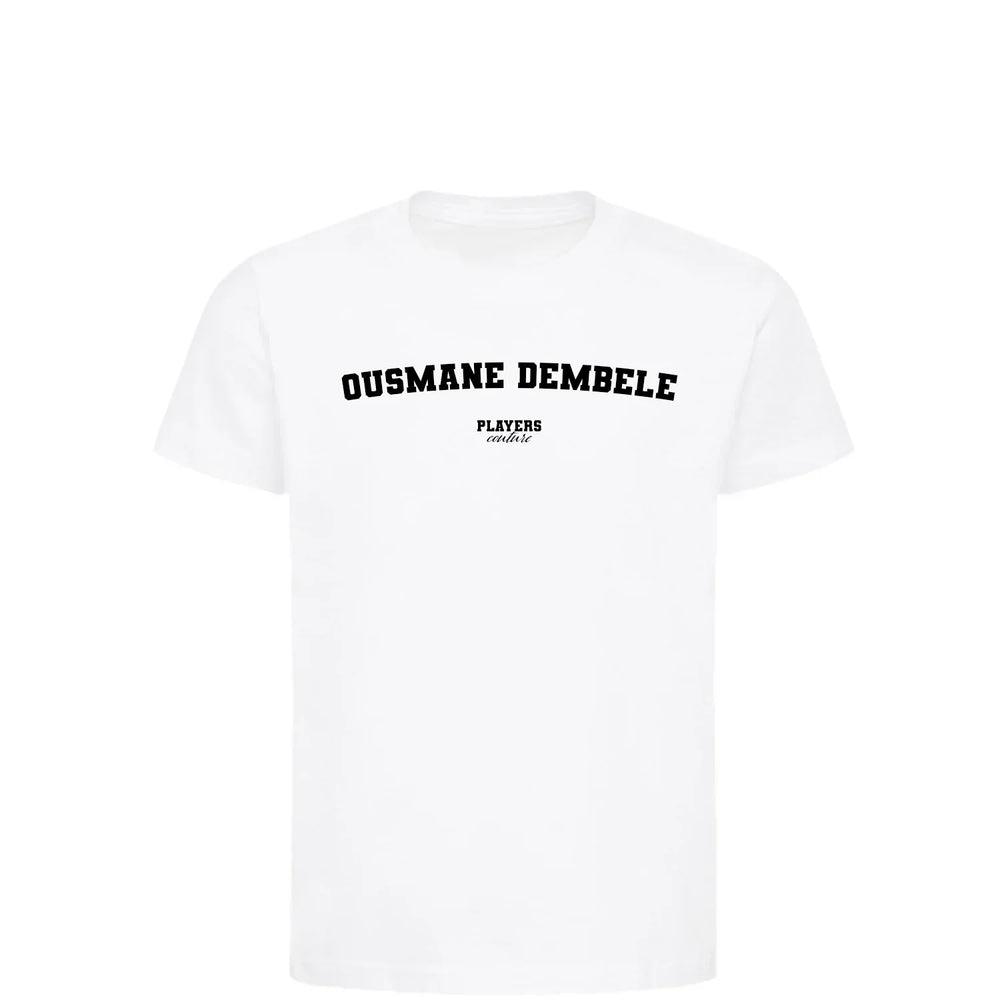 Ousmane Dembele t-shirt – white kids' t-shirt with black Ousmane Dembele letters and Players Couture logo on the chest