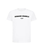 Ousmane Dembele t-shirt – white kids' t-shirt with black Ousmane Dembele letters and Players Couture logo on the chest