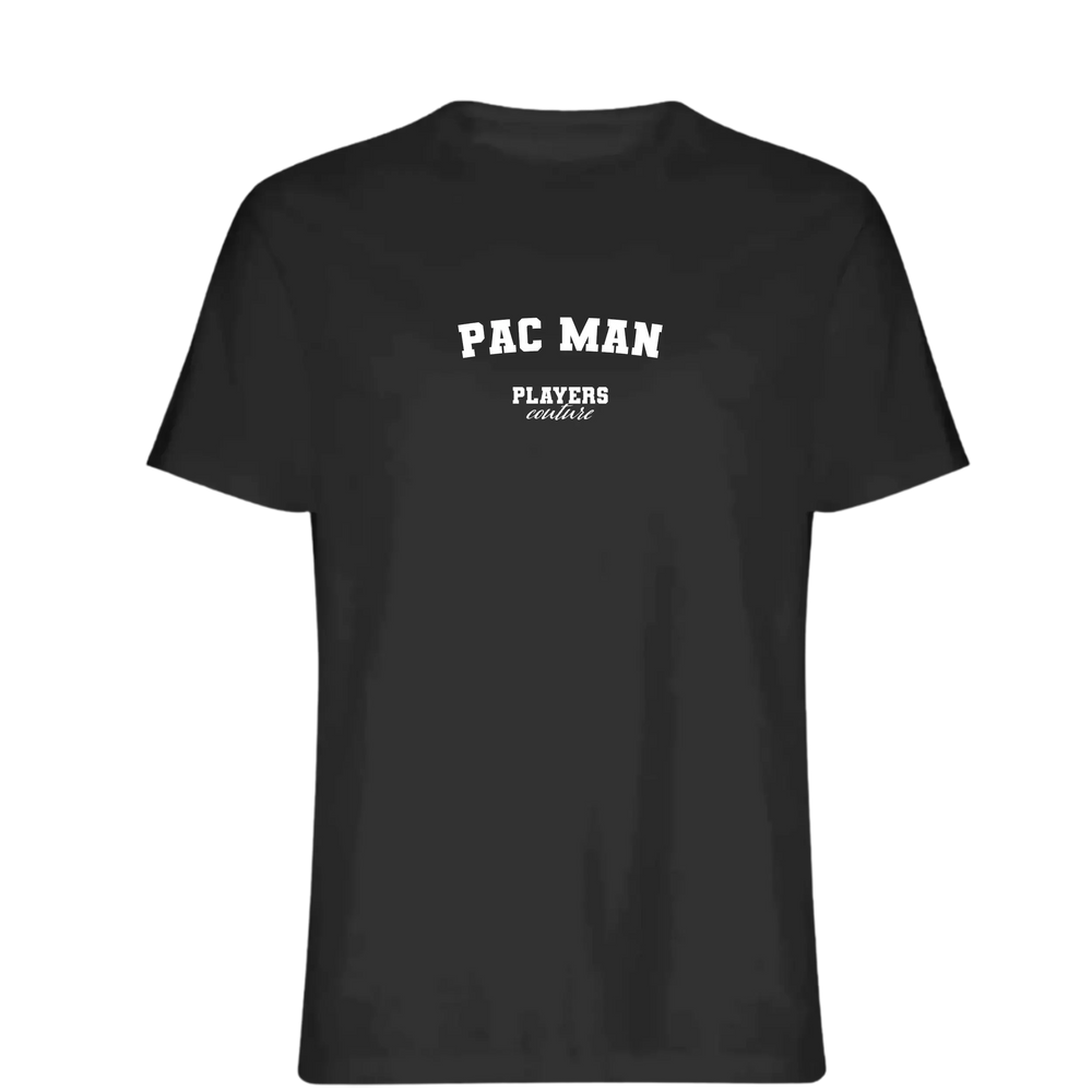 Pac Man t-shirt – black men's t-shirt with white Pac Man letters and Players Couture logo on the chest
