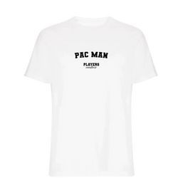 Pac Man t-shirt – white men's t-shirt with black Pac Man letters and Players Couture logo on the chest