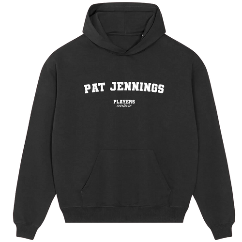 Pat Jennings hoodie – black men's hoodie with white Pat Jennings letters and Players Couture logo on the chest
