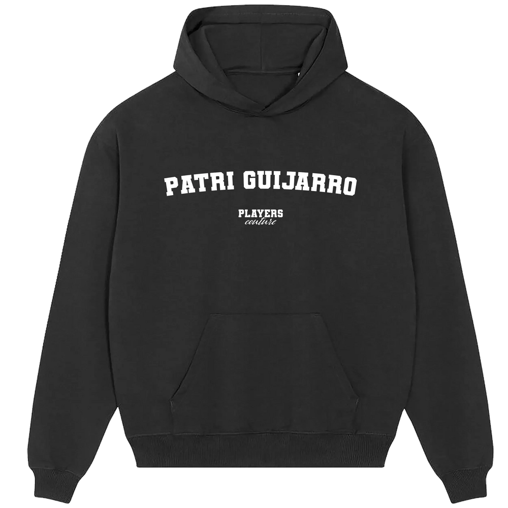 Patri Guijarro hoodie – black men's hoodie with white Patri Guijarro letters and Players Couture logo on the chest