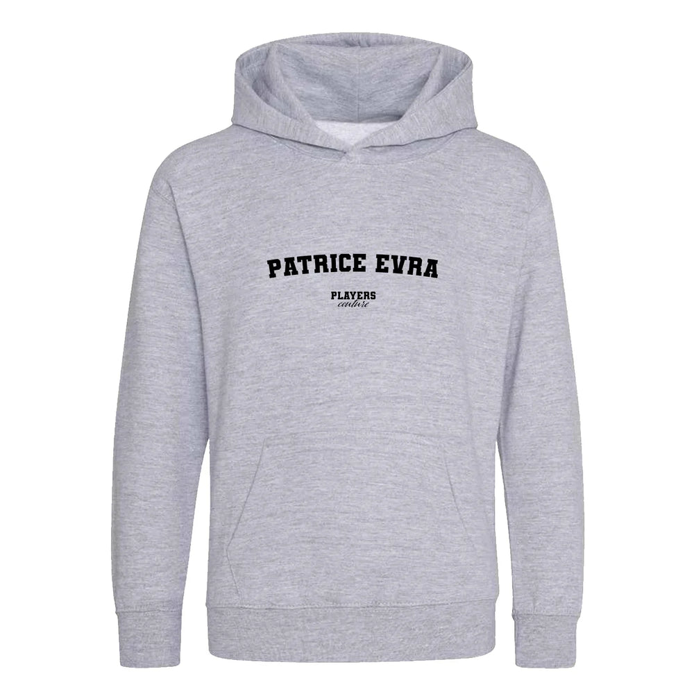 Patrice Evra hoodie – grey kids' hoodie with black Patrice Evra letters and Players Couture logo on the chest