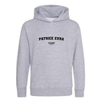 Patrice Evra hoodie – grey kids' hoodie with black Patrice Evra letters and Players Couture logo on the chest