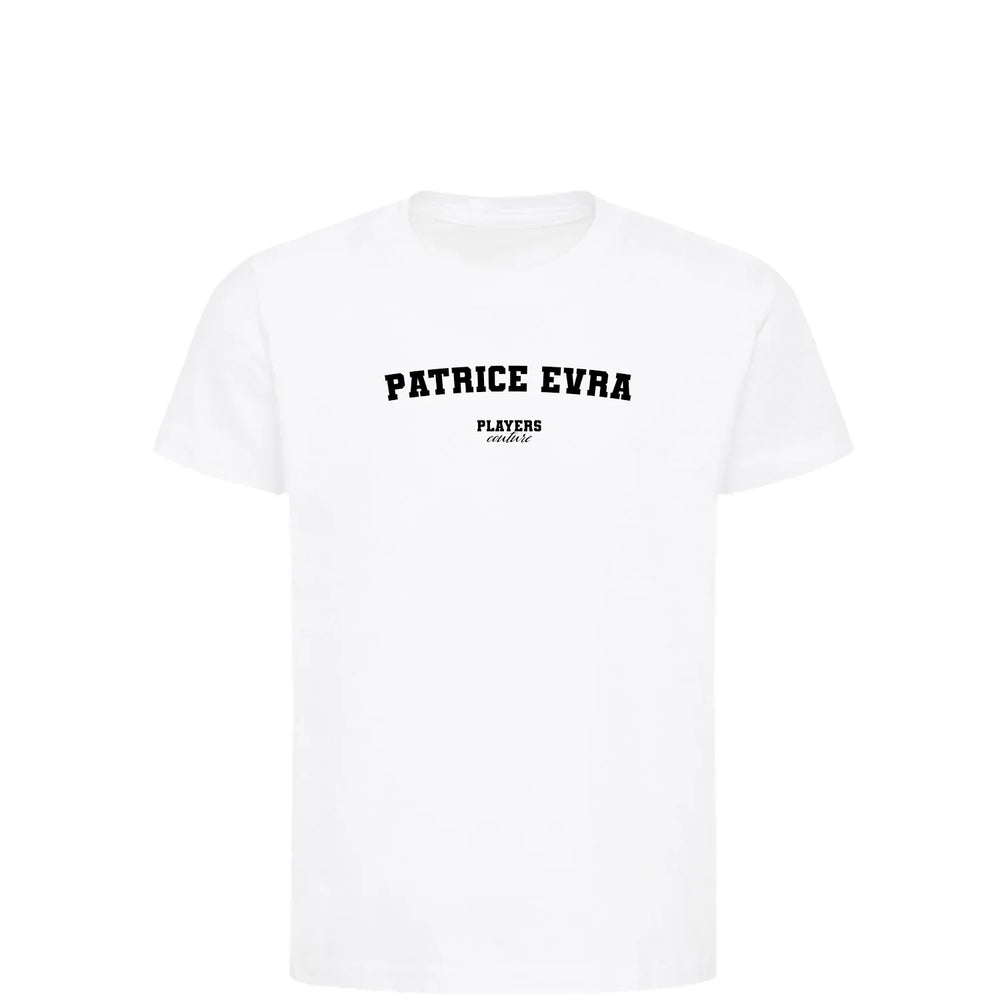 Patrice Evra t-shirt – white kids' t-shirt with black Patrice Evra letters and Players Couture logo on the chest