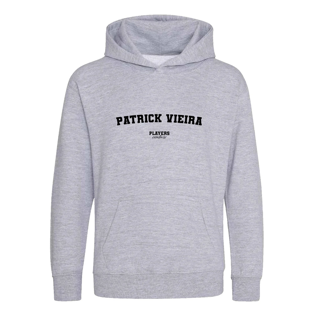 Patrick Vieira hoodie – grey kids' hoodie with black Patrick Vieira letters and Players Couture logo on the chest