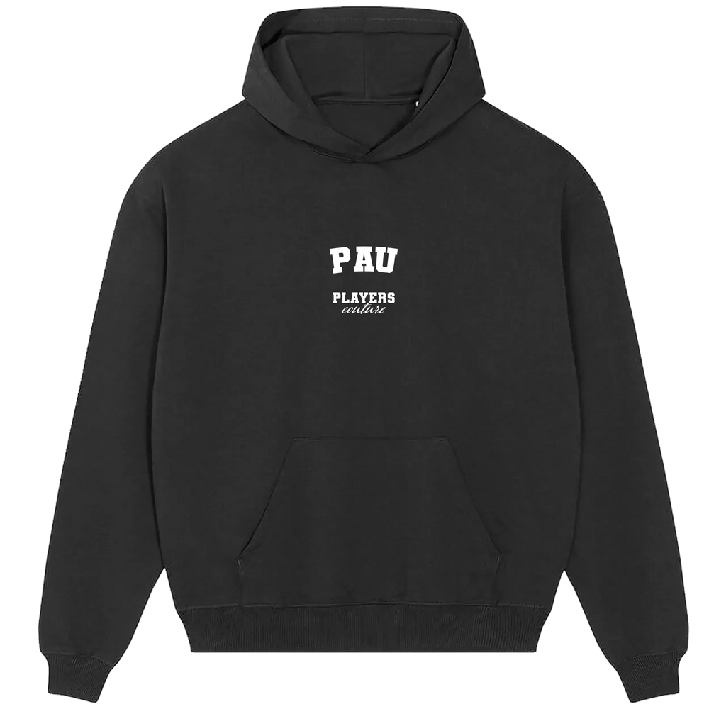 Pau hoodie – black men's hoodie with white Pau letters and Players Couture logo on the chest