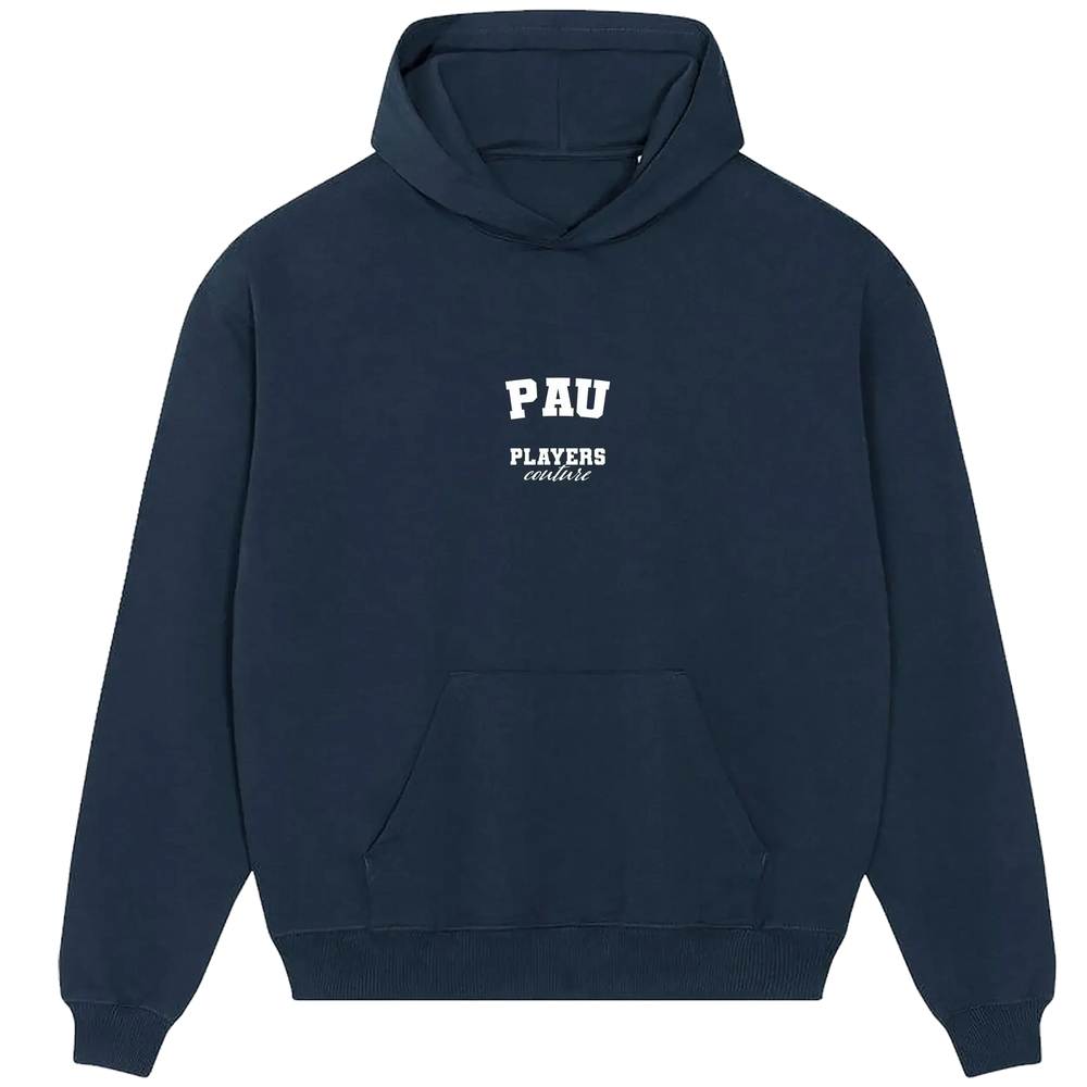 Pau hoodie – navy men's hoodie with white Pau letters and Players Couture logo on the chest